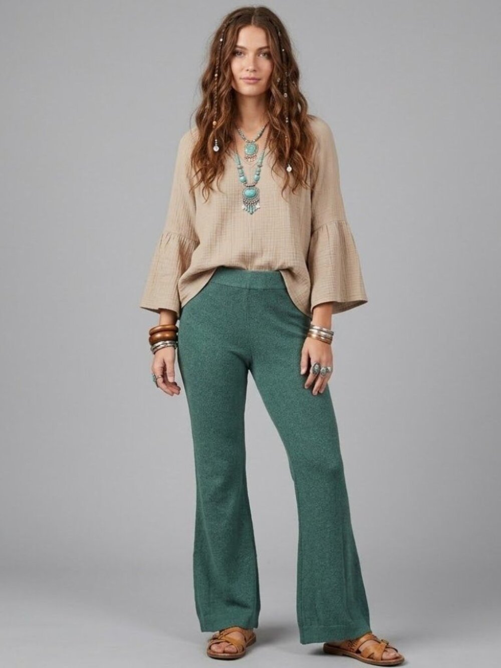 Free People FP Beach Knit Flare Pants Green Size Small Stretchy